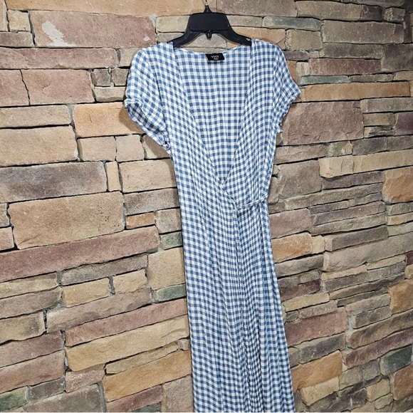 Vici • Westminster Bardot Wrap Maxi Dress • Baby Blue Gingham Print Dress - Picture 5 of 10